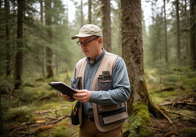 Tecnico forestale che monitora la gestione di un asset forestale