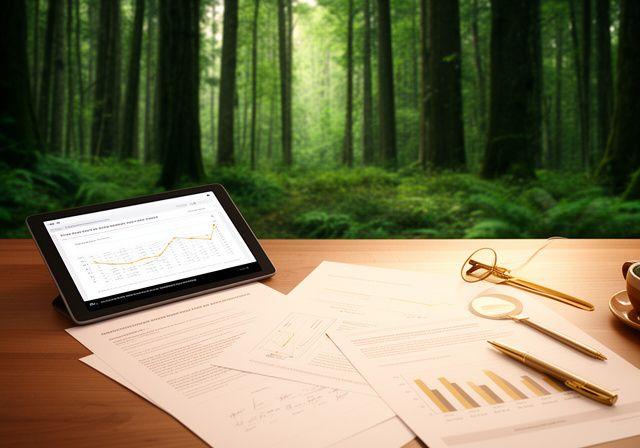 Analisi finanziaria e immagini di foreste che rappresentano sostenibilità e rendimento