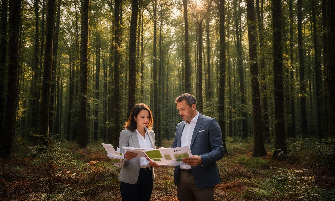 Paesaggio forestale con asset manager che analizzano un progetto di investimento sostenibile
