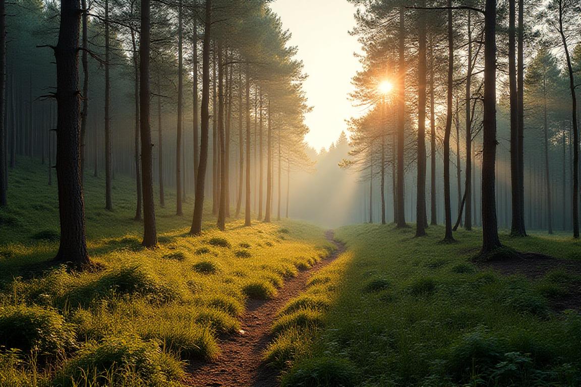 Paesaggio forestale mediterraneo con luce calda e aree gestite in modo sostenibile