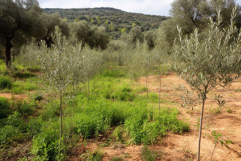 Bosco mediterraneo giovane con rimboschimento e biodiversità in primo piano