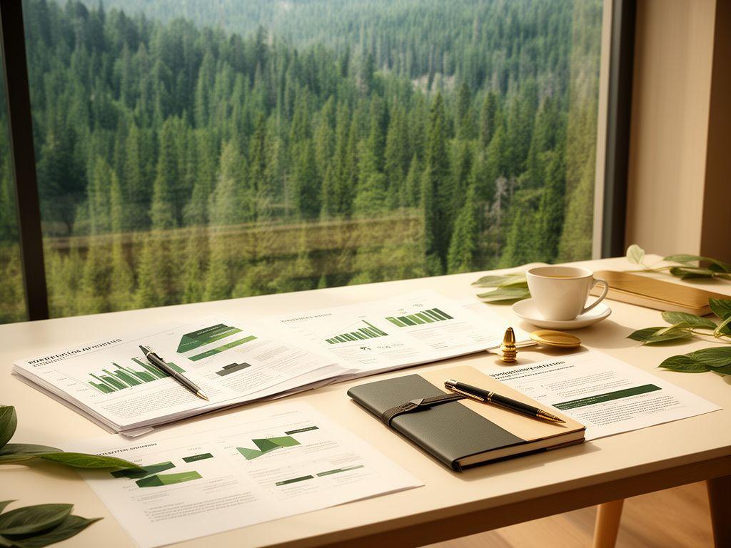 Analisi di portafoglio con grafici e paesaggio forestale per un articolo sul capitale naturale