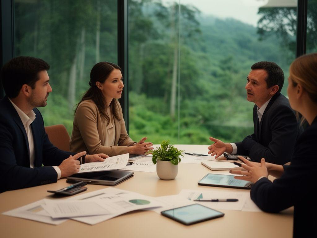 Professionisti che discutono di finanziamento sostenibile con documenti e paesaggio naturale in background