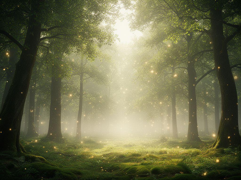 Foresta luminosa con sovrapposizione concettuale di crediti di carbonio e benefici ambientali