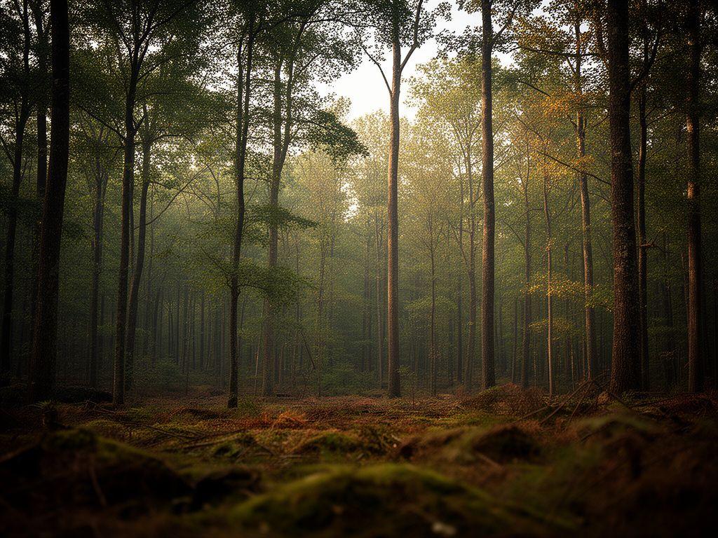 Paesaggio forestale gestito in modo sostenibile con luce naturale e sensazione di stabilità finanziaria