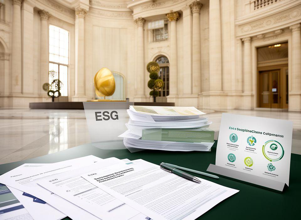 Edificio istituzionale europeo con documenti ESG e simboli di regolamentazione sostenibile