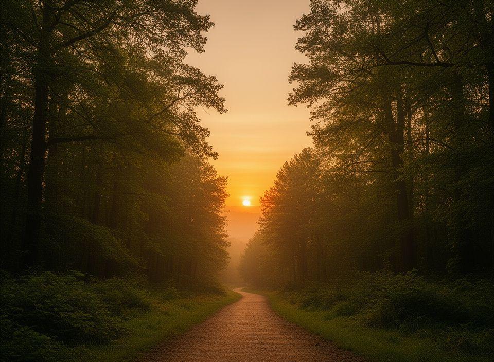 Paesaggio forestale al tramonto con sentiero che suggerisce nuove opportunità di investimento a lungo termine