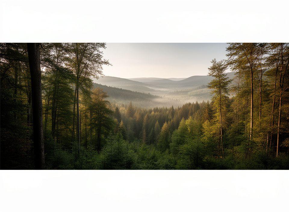 Vista panoramica di una foresta europea con luce del mattino e dettagli naturali che evocano investimenti sostenibili
